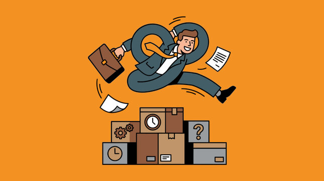 Businessman jumping over boxes with time clock and question mark symbol - concept of business challenges and problem-solving