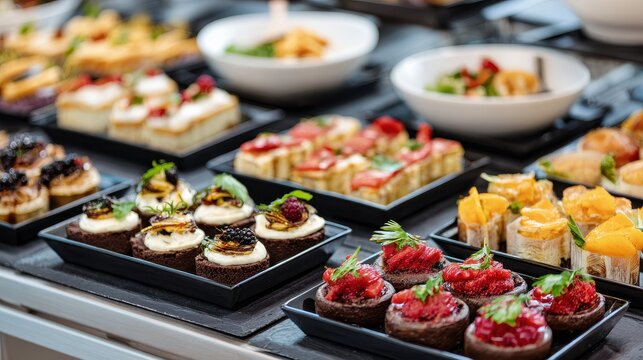 Stunning photo of catering company, office corporate canteen, assortment of dishes and snacks, buffet for a business party, serving dishes at the event.