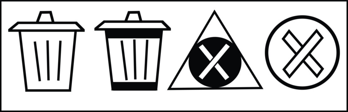 Black and white icons of trash cans and symbols for delete or refuse