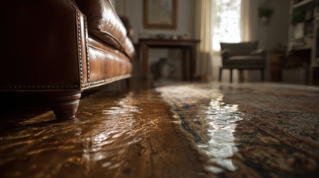 Stunning photo of close-up of a flooded living room floor from a water leak, highlighting the damage to furniture and flooring.