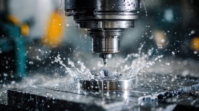 Stunning photo of close-up of a CNC milling machine working on a metal workpiece with coolant splashing, industrial manufacturing concept.