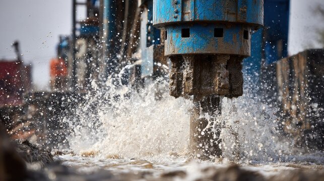 Stunning photo of close-up of a large drilling rig splashing water and mud during borewell excavation at an industrial construction site.