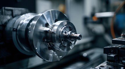 Fototapeta premium Stunning photo of close-up of a precision metal lathe chuck and spindle in a factory setting.