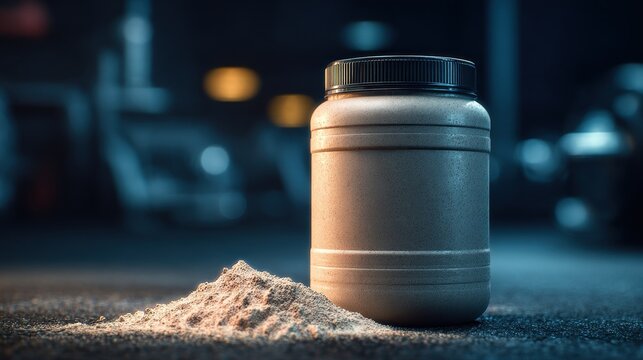 Stunning photo of creatine Monohydrate Powder Jar Mockup in Gym Setting for Bodybuilding Nutrition Supplement - Fitness Product Photography Concept.
