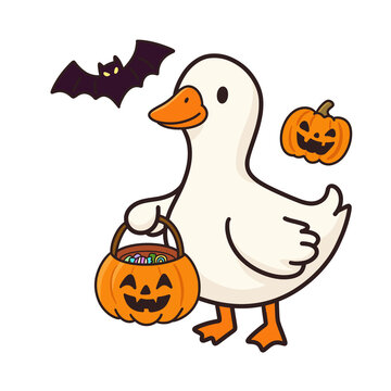 Cute Halloween Goose Holding Pumpkin Candy Bucket Trick Or Treat Isolated PNG