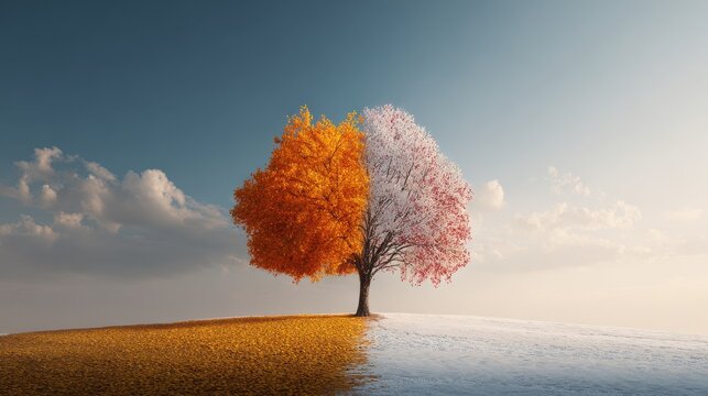 Stunning photo of dual climate concept with half a vibrant autumn tree in a sunny desert and half a bare winter tree in a snowy landscape, symbolizing contrast and climate.