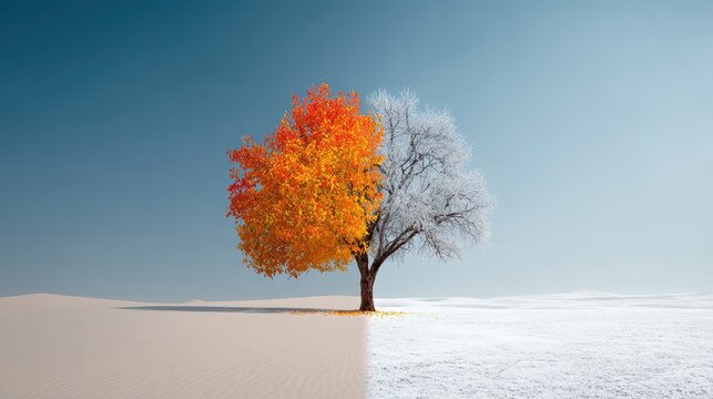 Stunning photo of dual climate concept with half a vibrant autumn tree in a sunny desert and half a bare winter tree in a snowy landscape, symbolizing contrast and climate.