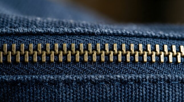 Close-up of a metallic zipper on dark blue denim fabric, showing intricate detail and texture.