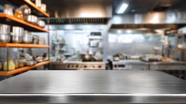 Stunning photo of empty stainless steel table top or countertop with blurred professional commercial kitchen background.
