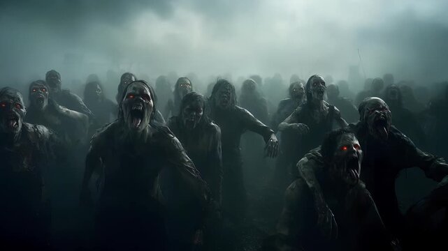 Horde of zombies walking through thick fog, scary undead army apocalyptic scene
