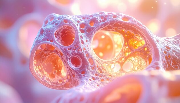Microscopic analysis of human lung tissue showcasing alveoli structures in vibrant detail