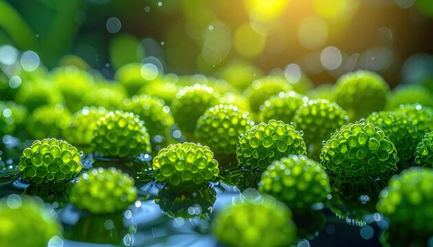 Microscopic Volvox Colonies Forming Spherical Structures Illuminated by Sunlight in Aquatic Environment