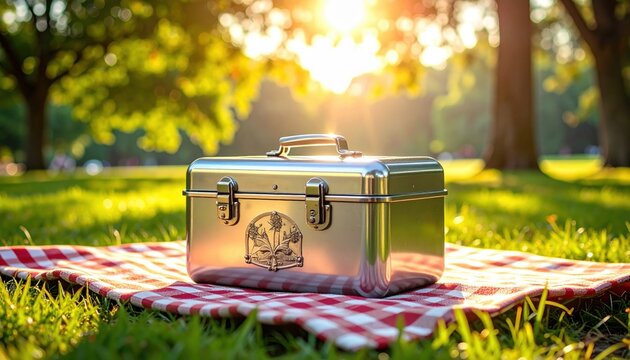 Mid-century metal lunchbox resting on a checkered blanket in a sun-drenched park