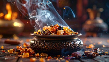 Fototapeta premium Ornate bowl filled with burning oud incense resin releasing fragrant smoke, evoking spiritual ambiance and tradition.