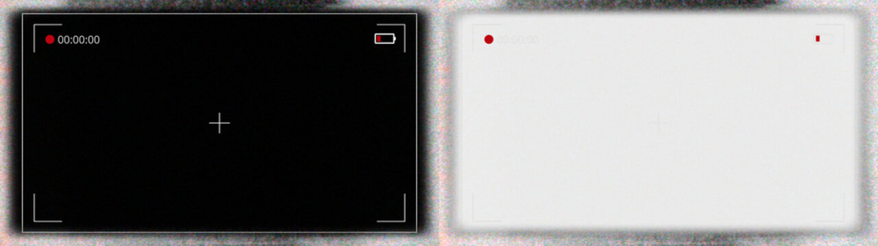 Camera viewfinder interface overlay with glowing noise edges on black and transparent background with recording and battery indicators, concept of digital video production