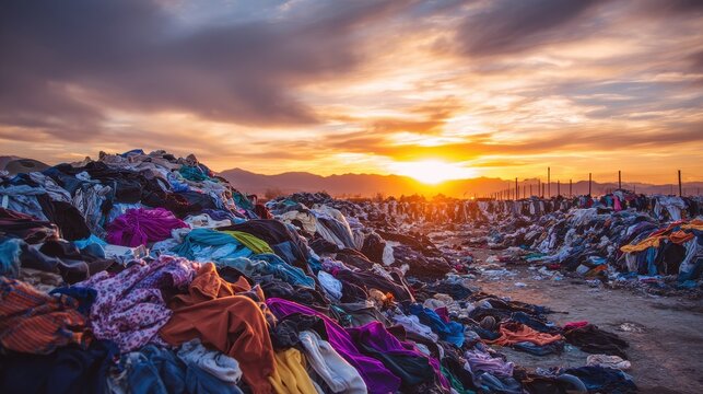 Stunning photo of huge pile of discarded clothing and textile waste at a landfill site during sunset, highlighting the environmental impact of fast fashion.