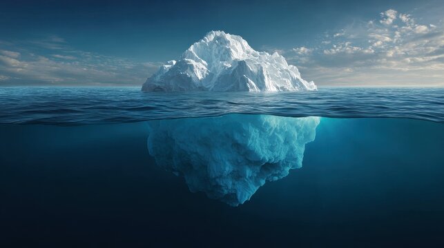 Stunning photo of iceberg floating in the deep blue ocean with a large submerged part below the water line.