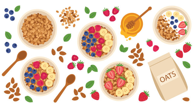 Healthy breakfast oat cereal with fruits and nuts set.