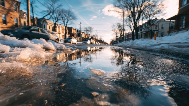 Stunning photo of icy city street with melting snow and puddles on a sunny winter day, viewed from a low angle.