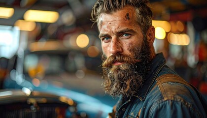 Obraz premium Intense Bearded Mechanic With Oil-Smudged Face Focused on Vintage Car Restoration in Workshop