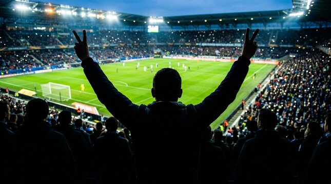 Football Fan Celebrating Victory In Packed Stadium During Championship Match
