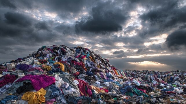 Stunning photo of massive pile of discarded clothing in a landfill under a cloudy sky, representing fast fashion waste and textile pollution.