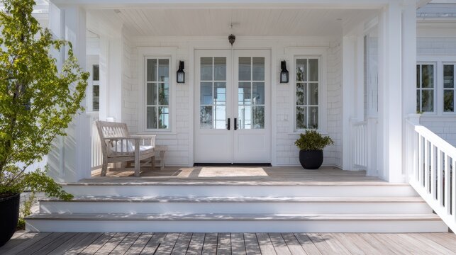 Stunning photo of modern beach coastal veranda porch french door entrance chic white paint natural Hamptons luxury farmhouse entrance patio house cottage vibes contemporary Cape.