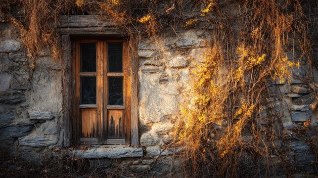 Stunning photo of old wooden window on a rustic weathered stone wall covered in overgrown dry vines in golden sunlight.