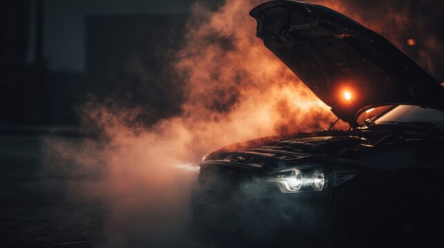 Stunning photo of overheating car engine with steam emitting from open hood.