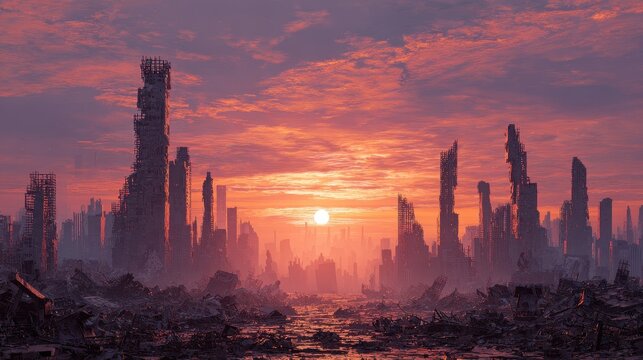Stunning photo of post-apocalyptic city ruins with destroyed skyscrapers at sunset in a dystopian urban landscape.
