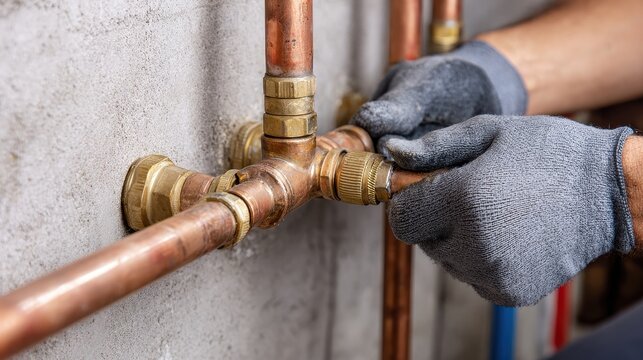Stunning photo of plumber wearing gloves connects copper pipes with brass fittings.