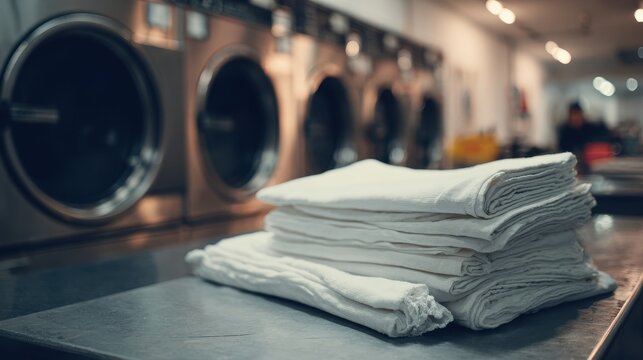 Stunning photo of pro laundry service with clean white folded linens, towels. Industrial washing machines on background in laundromat. Commercial cleaning, ironing, pressing.
