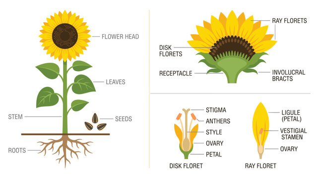 Sunflower anatomy detail flower head disk and ray florets.