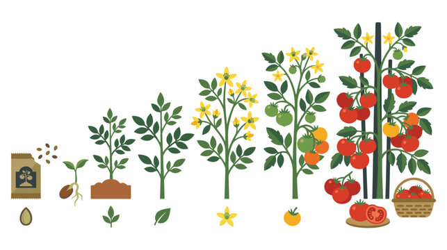 Tomato plant life cycle and fruit harvesting in basket.
