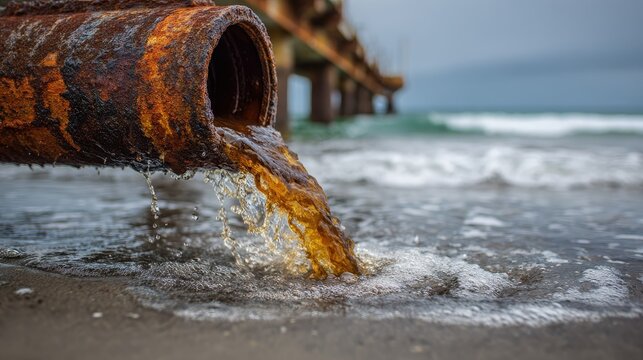 Stunning photo of rusty pipe discharging murky water into the ocean, environmental pollution.