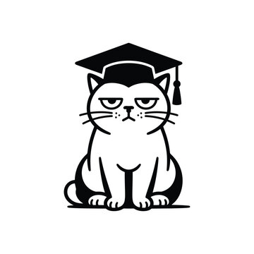 Grumpy cat graduation vector icon, funny feline student wearing mortarboard cap, black and white minimalist pet illustration for academic humor