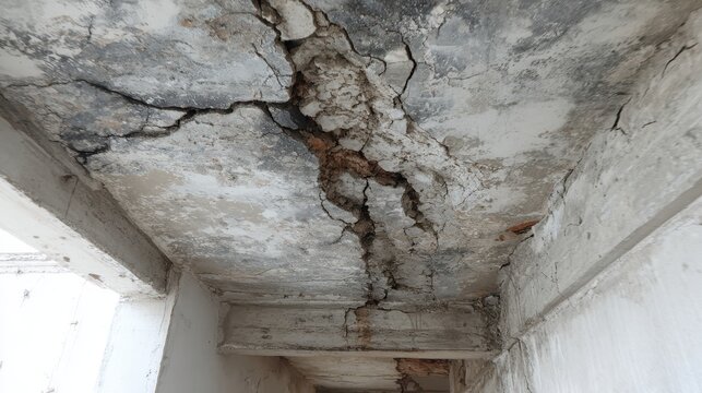 Stunning photo of severely cracked and damaged concrete ceiling showing extensive structural deterioration.