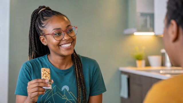 Generative AI, Young Black woman smiling and sharing granola bar with friend in kitchen