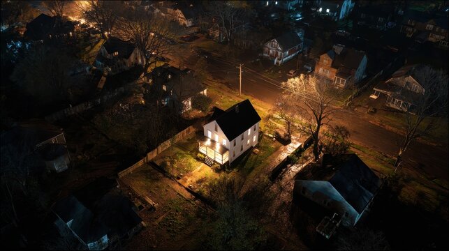 Stunning photo of single brightly lit house glowing in the middle of a pitch-black neighborhood during a power outage, dramatic aerial view at night.