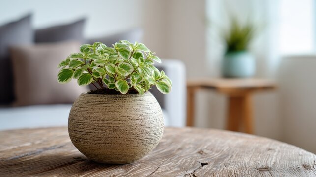 Stunning photo of small variegated green plant in a round textured ceramic pot on a rustic wooden table in a bright, modern living room interior .