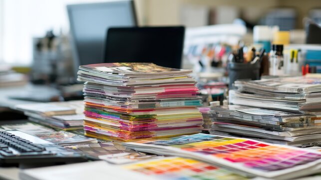 Stunning photo of stacks of printed materials, magazines, and color swatches on a designer's desk in an office setting.