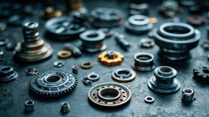 Obraz premium Stunning photo of various car spare part on the garage floor on a car background, auto repair shop or auto parts store concept.