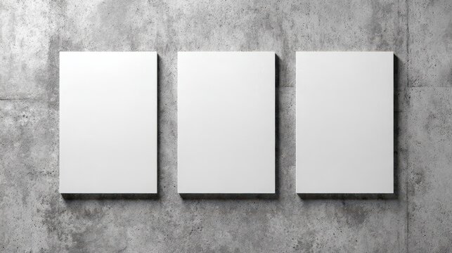 Stunning photo of three empty white vertical rectangle poster mockups with soft shadows on neutral light grey concrete wall background. Flat lay, top view.
