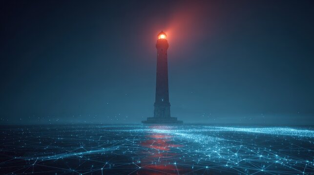Stunning photo of towering lighthouse in a futuristic, digital world. Evolving technology and the potential for progress. A guide, inspiring innovation and leadership.