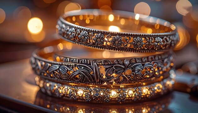 Gleaming intricately designed silver bangles adorned with floral patterns and sparkling stones