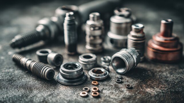 Stunning photo of various car spare part on the garage floor on a car background, auto repair shop or auto parts store concept.