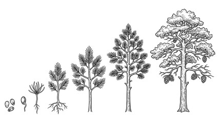 Obraz premium Growth cycle of pine tree from seed to mature conifer.