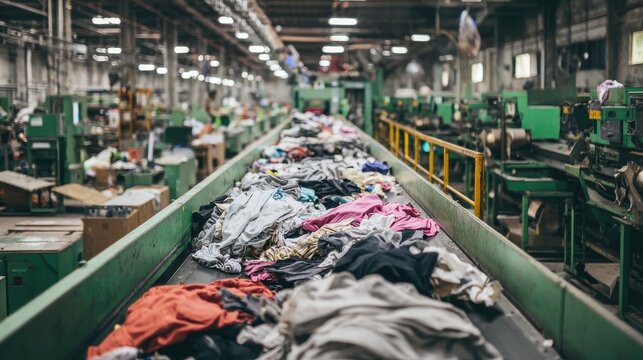 Stunning photo of workers sort textile waste on a conveyor belt in a factory. Automated machinery separates clothes for recycling. Sustainable industry supports circular economy.
