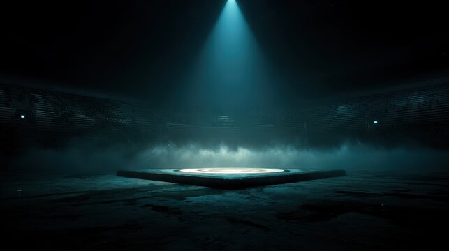 Stunning photo of wrestling mat illuminated by a single beam of light, surrounded by a cavernous, empty stadium, evoking a sense of anticipation.