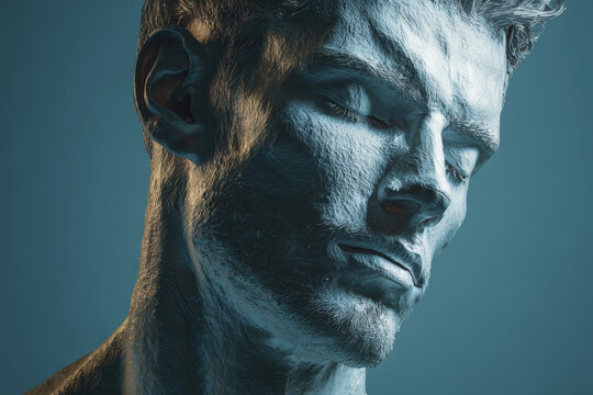 Close up portrait of a man with artistic metallic silver body paint on his face and neck, eyes closed in a serene expression. Modern creative concept for fashion and art photography